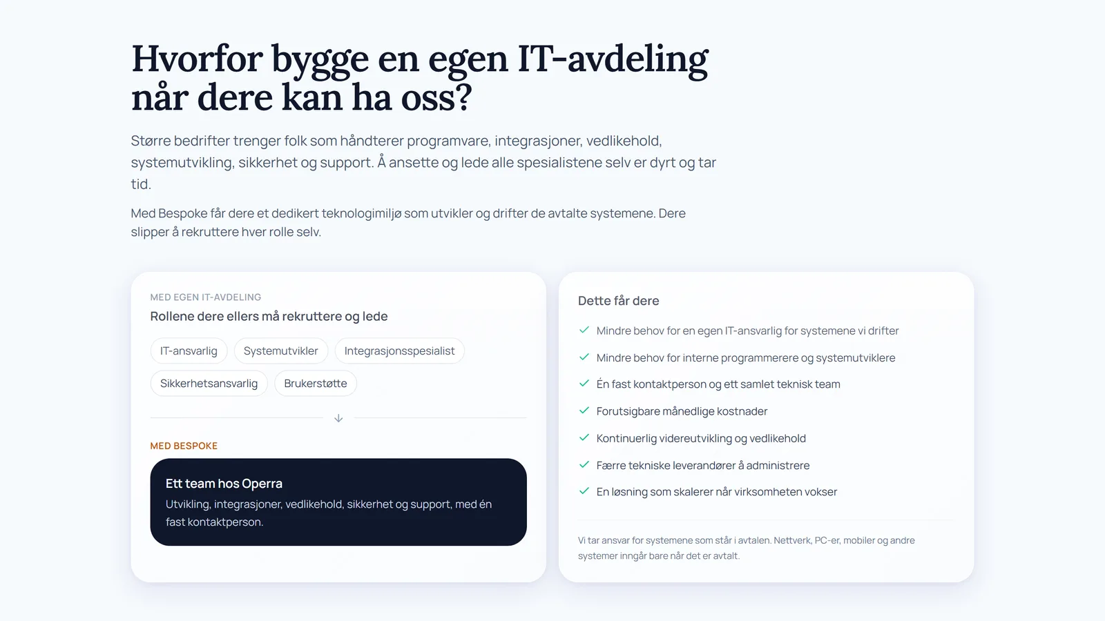 Seksjonen «Hvorfor bygge en egen IT-avdeling når dere kan ha oss?» på Bespoke-siden, med fem IT-roller og «Ett team hos Operra»