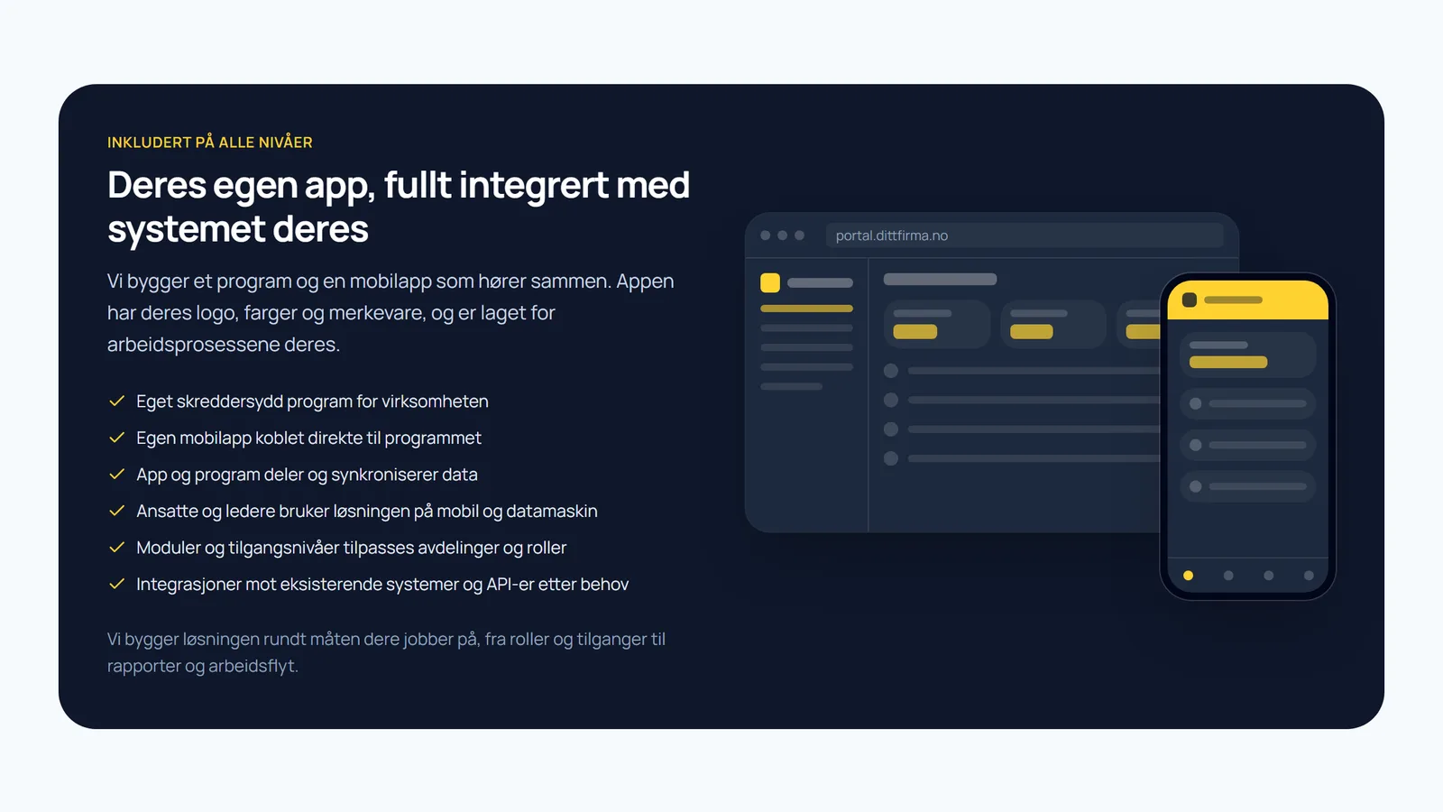 Kortet «Deres egen app, fullt integrert med systemet deres» på Bespoke-siden, med et program på portal.dittfirma.no og en mobilapp